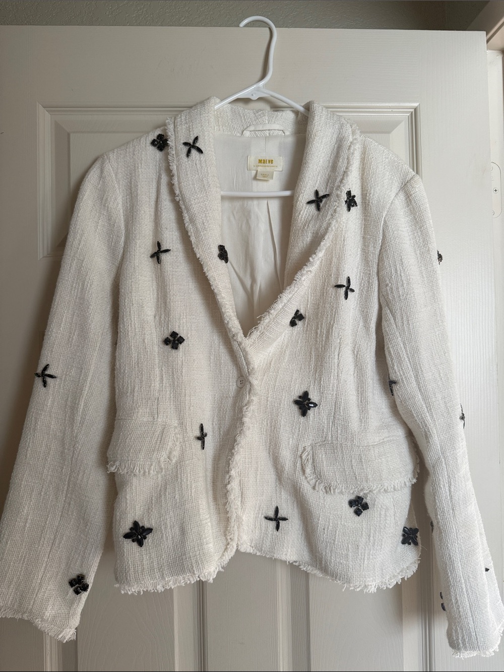 Maeve Anthropologie White Bouclé Blazer with Black Embellished Accents
